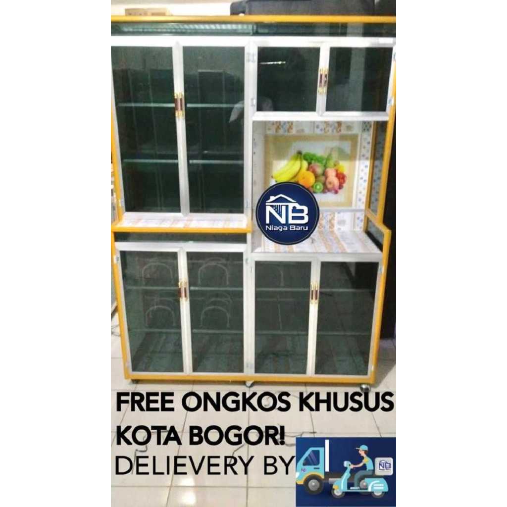 Rak Piring Kaca Riben 4 Pintu Keramik Gendong Super Jumbo Bogor