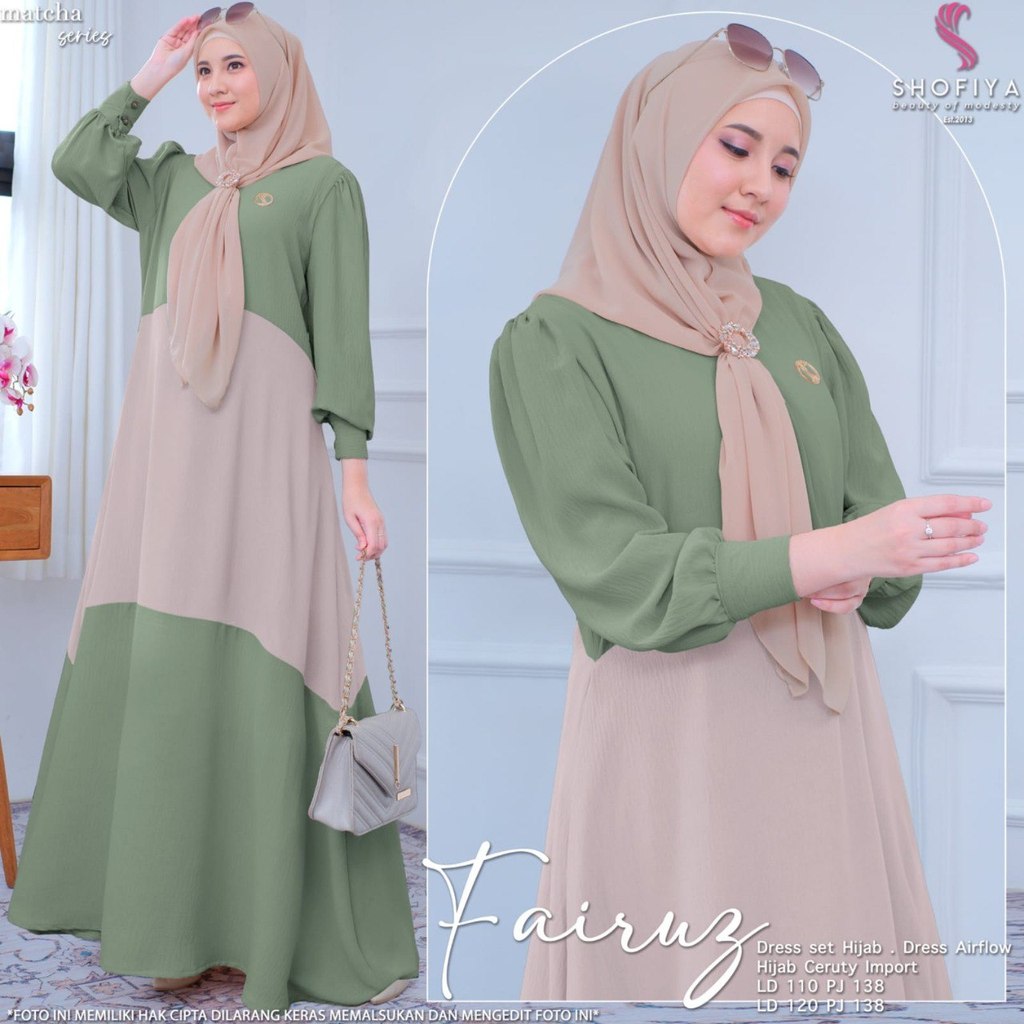 [GOOD STORE] FAIRUZ DRESS SET HIJAB WARNA KOMBINASI DRESS WANITA MUSLIM TERBARU Original By Shofiya 