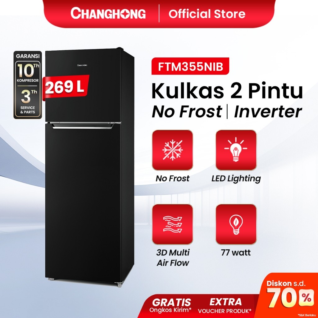 BEST Changhong Kulkas 2 Pintu  (Refrigerator) kulkas Inverter No Frost tanpa Bunga Es Lemari Es Kapa