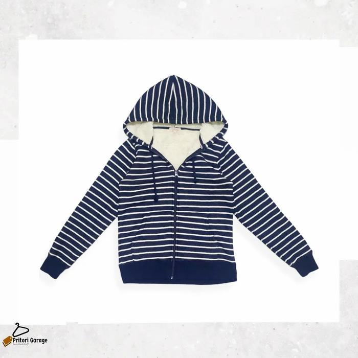 Zipper Hoodie Inner Sherpa Jacket Closshi Uramoco Stripe Navy White