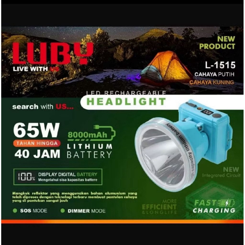 TERMURAH Luby Senter Kepala Anti Air Headlamp LUBY L 1515 65 Watt Cahaya Putih Super Terang