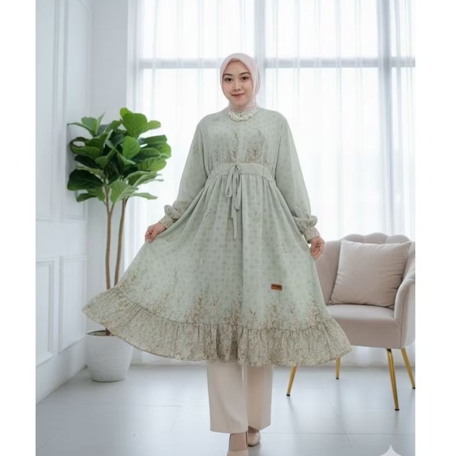 Tunik Ceruty Motif Babydoll Serut Depan