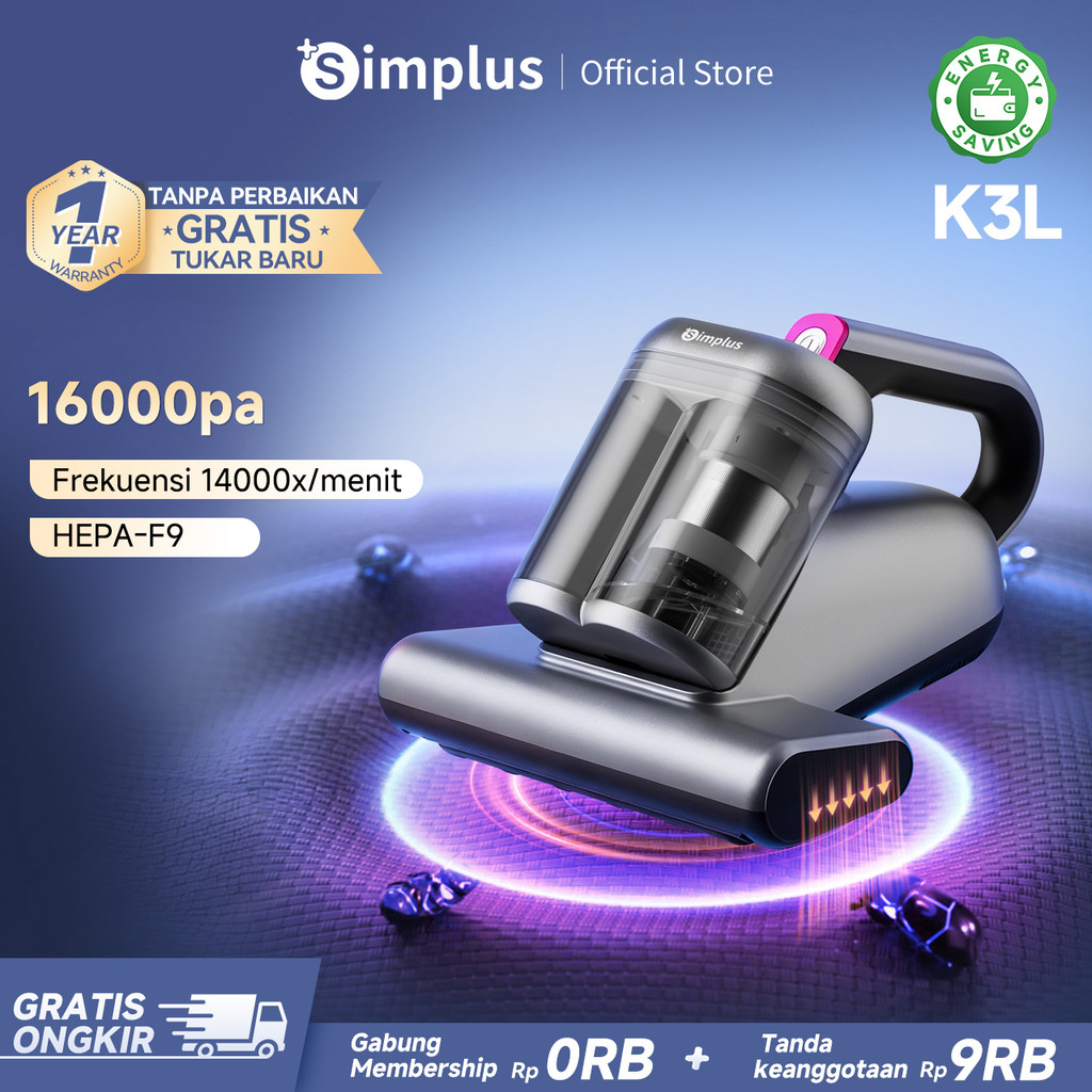 Simplus Anti Dust Mite Vacuum Cleaner 16000pa Lampu UV Getaran 14000 kali/menit Design Tangki Ganda