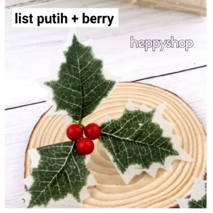 Daun Holly Plastik Cherry Berry Dekorasi Parcel Hampers Natal Merry Christmas