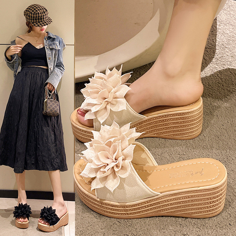 [COD]Sandal wedges platform model baru motif bunga untuk wanita, sandal peep-toe
