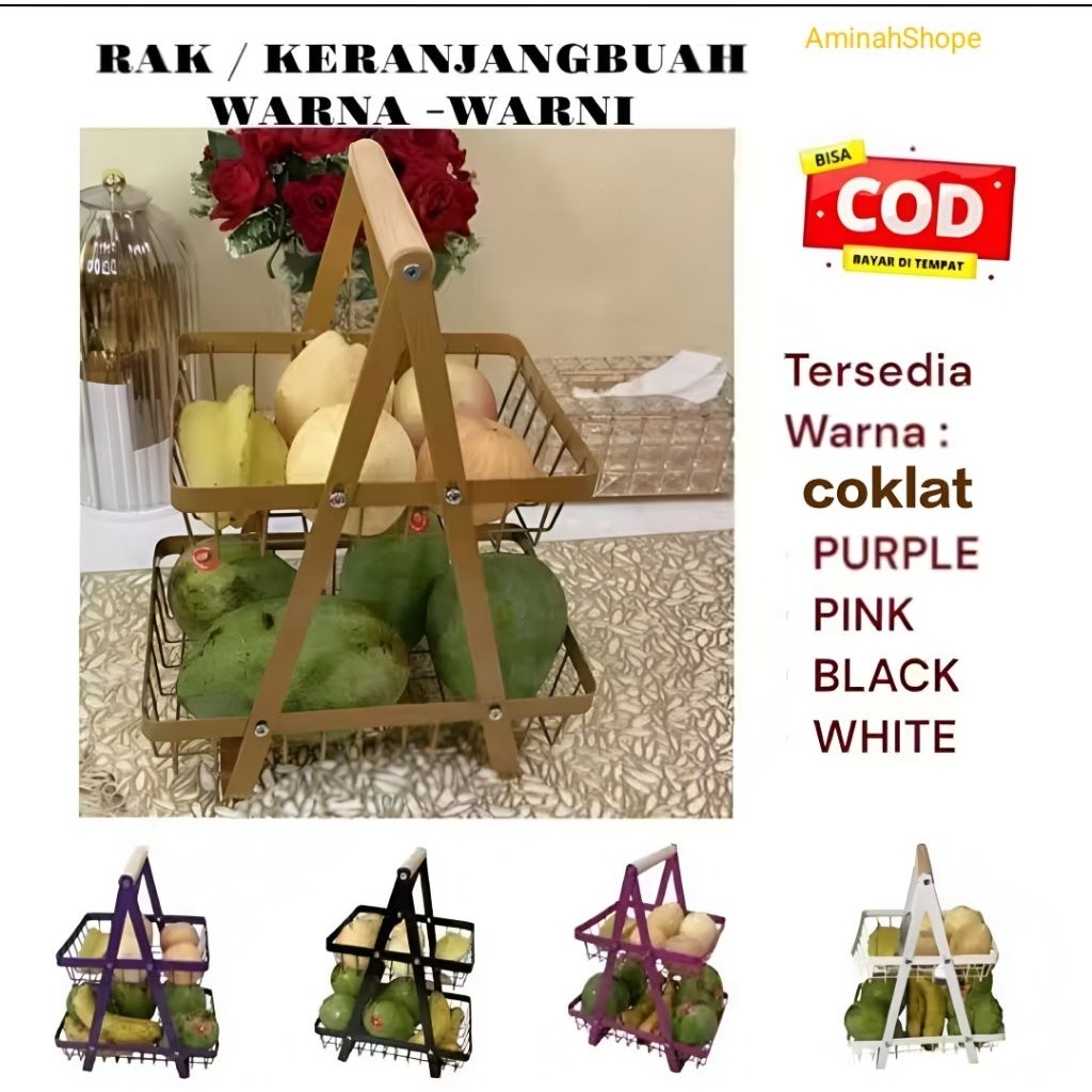 Rak Buah 2 Susun Serbaguna Dapur | Rak Penyimpanan Buah Sayur Warna Pink Ungu Coklat Minimalis