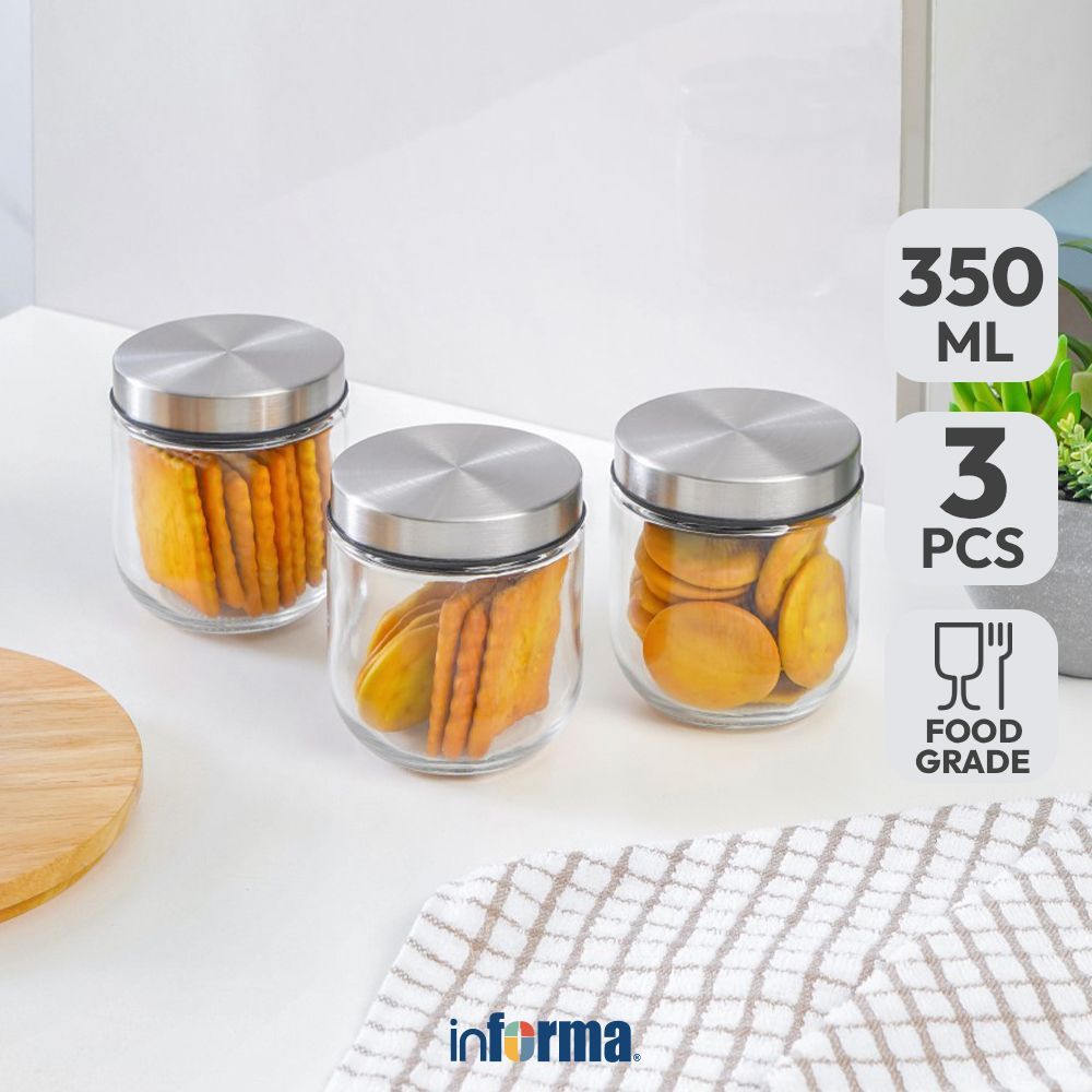 Informa Elemental Kitchen 350 ml Set 3 pcs Shera Stoples Kaca Jar Tempat Simpan Snack Dan Permen Set