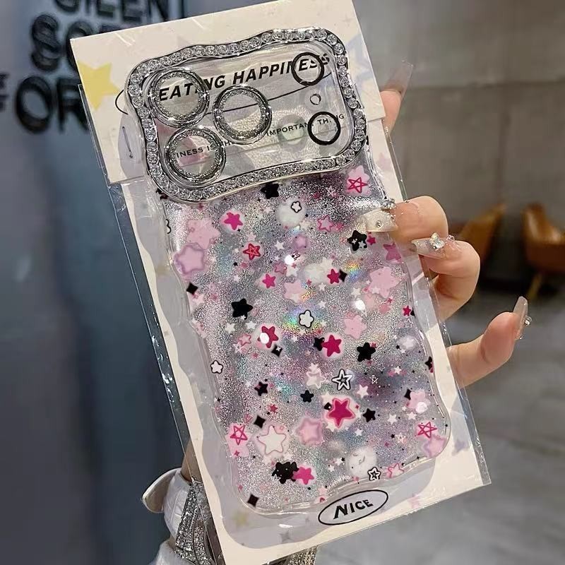 Mewah Diamond Wavy Edge Mesin Pink Star Acrylic Phone Case Cocok untuk IPhone 17 Pro Max 16 15 14 13