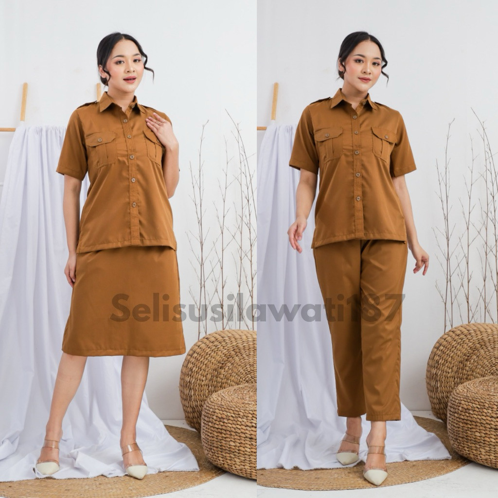 Seragam Khaki Pns wanita Baju dinas Pemda Kemeja Saku dada  Lengan Pendek