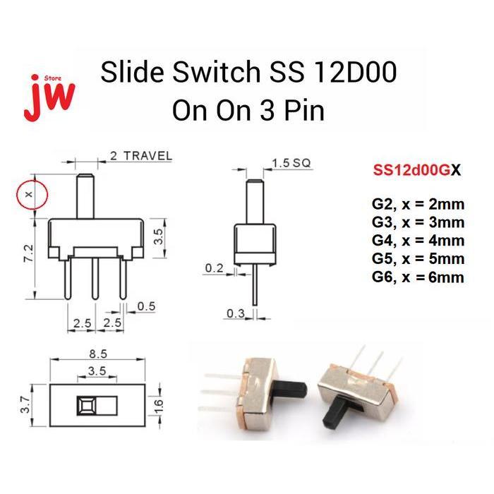 2 Buah SS12D00 SS12D00G2 SS12D00G3 Saklar Geser Mini Slide Switch On Off 3 Pin 2 Way SPDT - SS12D00G