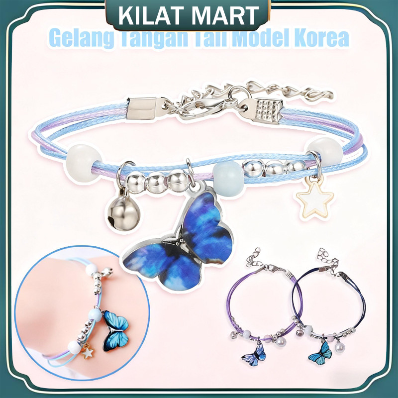 Gelang Tali Korea Motif Kupu-Kupu/Gelang Biru Kupu-kupu Couple / Bracelet Gelang Tangan Couple Besti