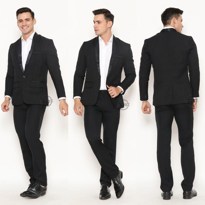 Jas Pria Slim Fit Formal Hitam Tuxedo Kancing Satu Premium High Quality Baju Jas Pengantin Nikah Wed