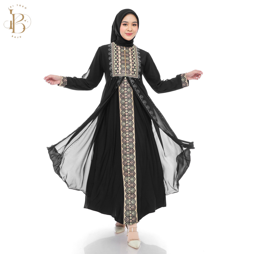 Gamis Muslimah Wanita Turkey Bordir Abaya Hitam dan Payet Jersey Mix Cerutty Mewah Elegan Buka Pintu