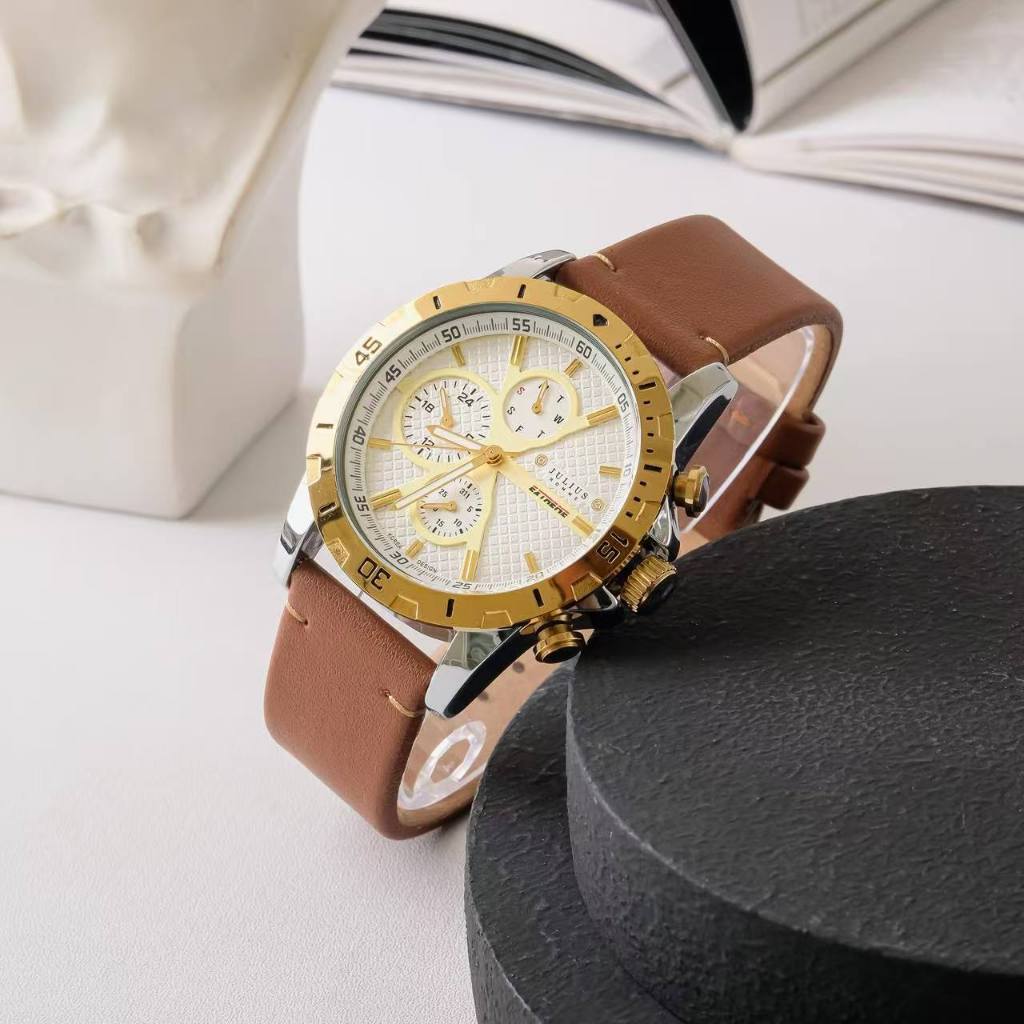 Jam Tangan Kulit Pria Multifungsi JULIUS Tahan Air dengan Fungsi Kalender dan Tanggal JAH-056