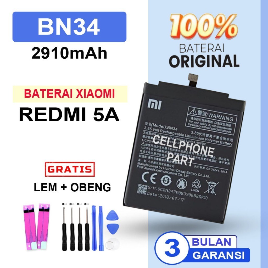 BATERAI BATRE XIAOMI REDMI 5A / BN34 ORIGINAL ((FREE OBENG+LEM))