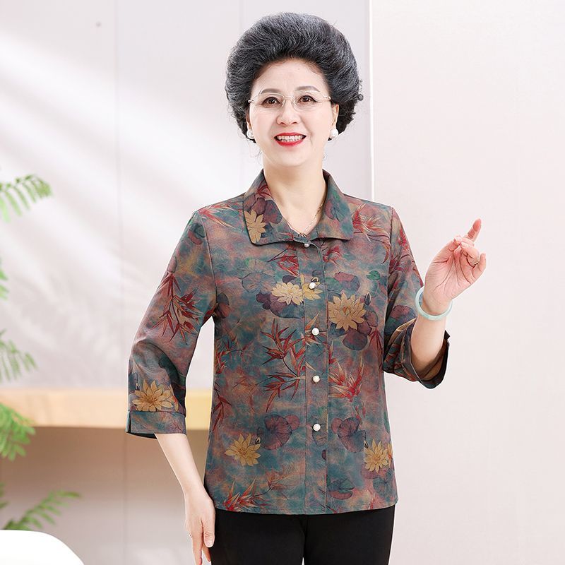Baju Lansia Wanita Kemeja Lengan Panjang Musim Panas Warna Cerah Ukuran Lembut untuk Nenek dan Ibu