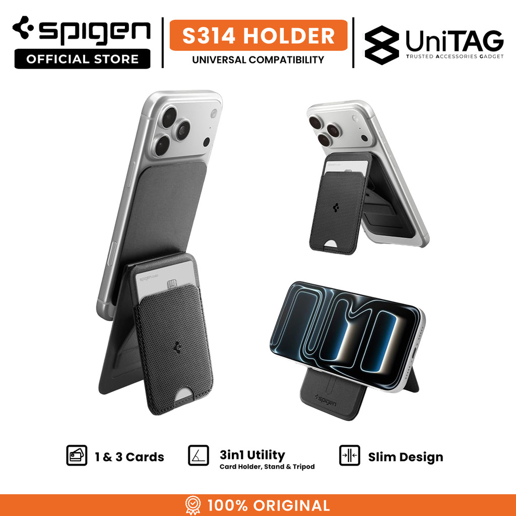 SPIGEN Card Holder S314 Dompet Kartu Kulit Magsafe Stand Slim Foldable Tripod Leather Wallet
