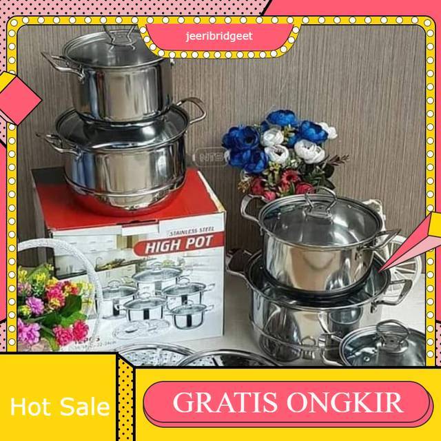 PANCI SET HIGH POT isi 5 / panci set steamer + tutup kaca / 5 in 1 set panci stainless tutup kaca