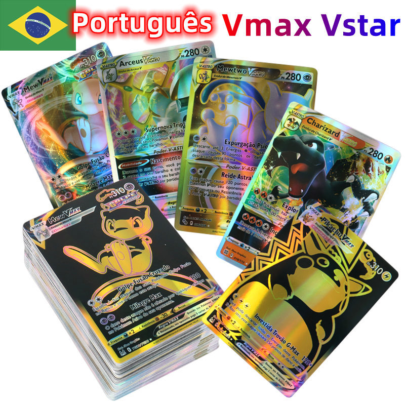 100Pcs Portuguese Holographic Pokemon Cards 49Vstar 51Vmax Letter with Rainbow Arceus Shiny arizard 
