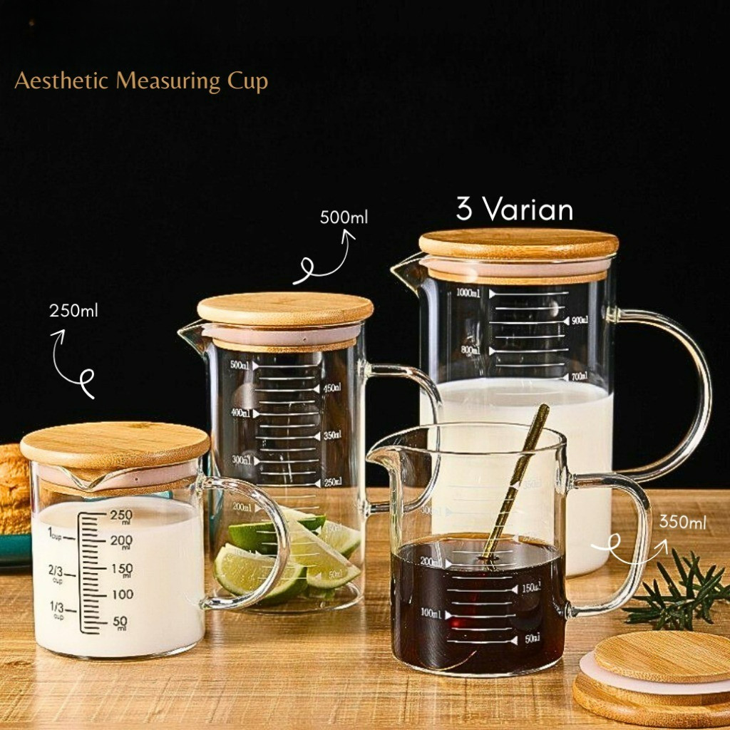 Zowoki Gelas Ukur Kaca Tutup Kayu Measuring Cup Kaca Gelas Takar Gelas Takaran