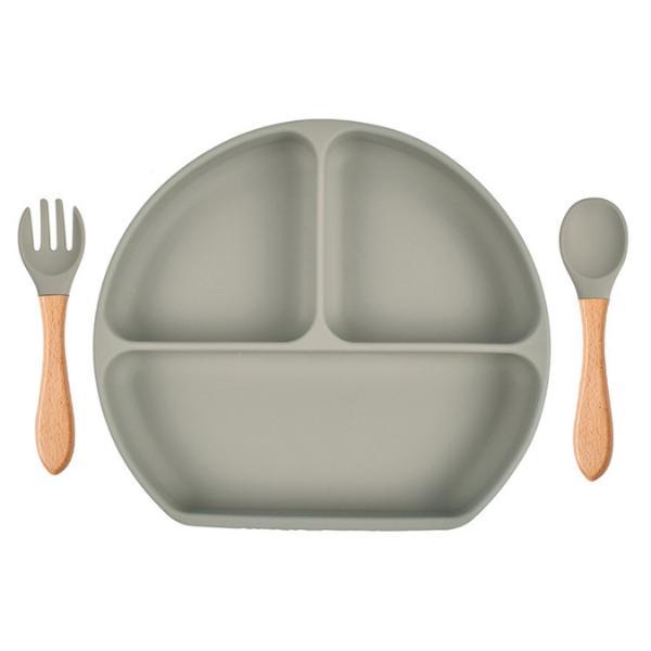 Piring Hisap + Sendok + Garpu Set Alat Mkn Set Piring Silikon Tahan Air - Hijau