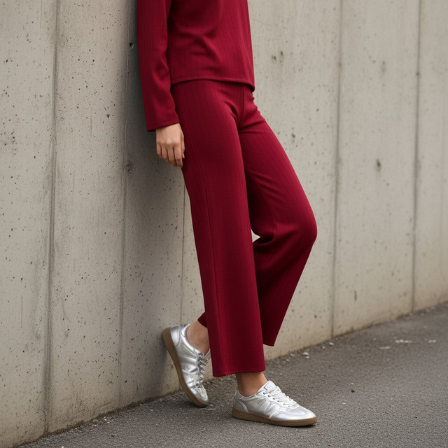 Max Fashions Celana Wanita Ribbed Wide Leg Pants - Red