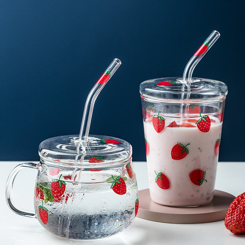 Kawaii Strawberry Glass Mug with Lid Coffee Milk Clear Glass Water Cups Juice Smoothie Cold Drinks S