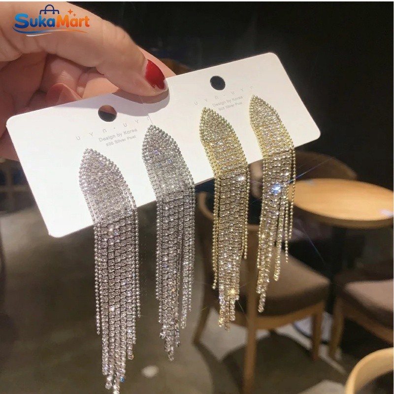 Anting Rumbai Panjang Anting Berlian Panjang Anting Permata Jurai Korean Look Simple Elegan untuk Wa