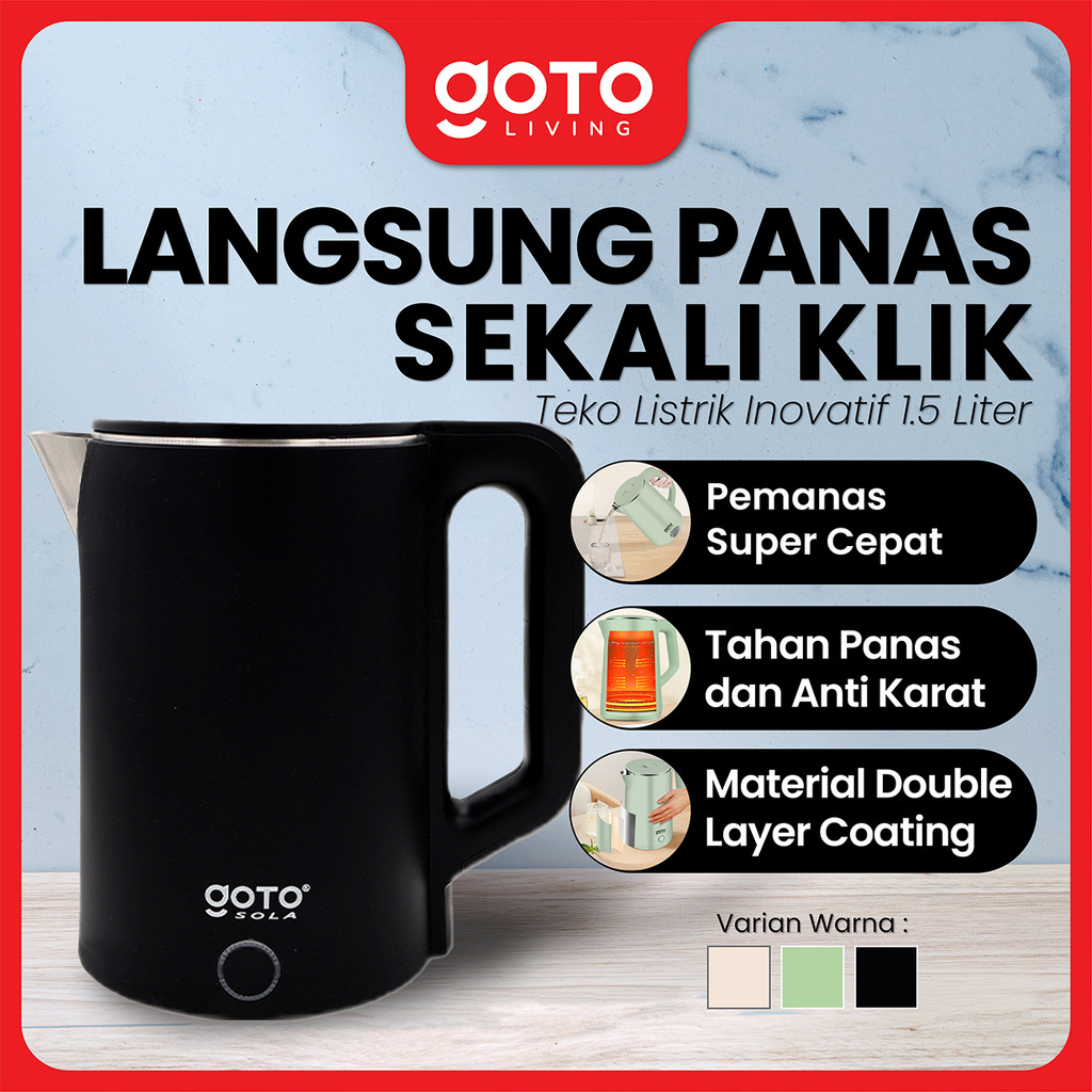 Goto Sola Electric Kettle Teko Listrik Pemanas Air Stainless Steel 1.7L - Hijau