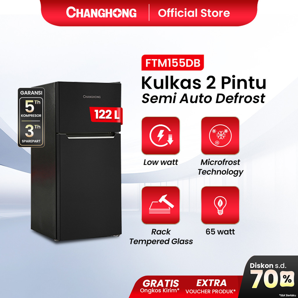 PROMO Changhong  Kulkas 2 Pintu Refrigerator Kapasitas 122 Liter - FTM155DB Black