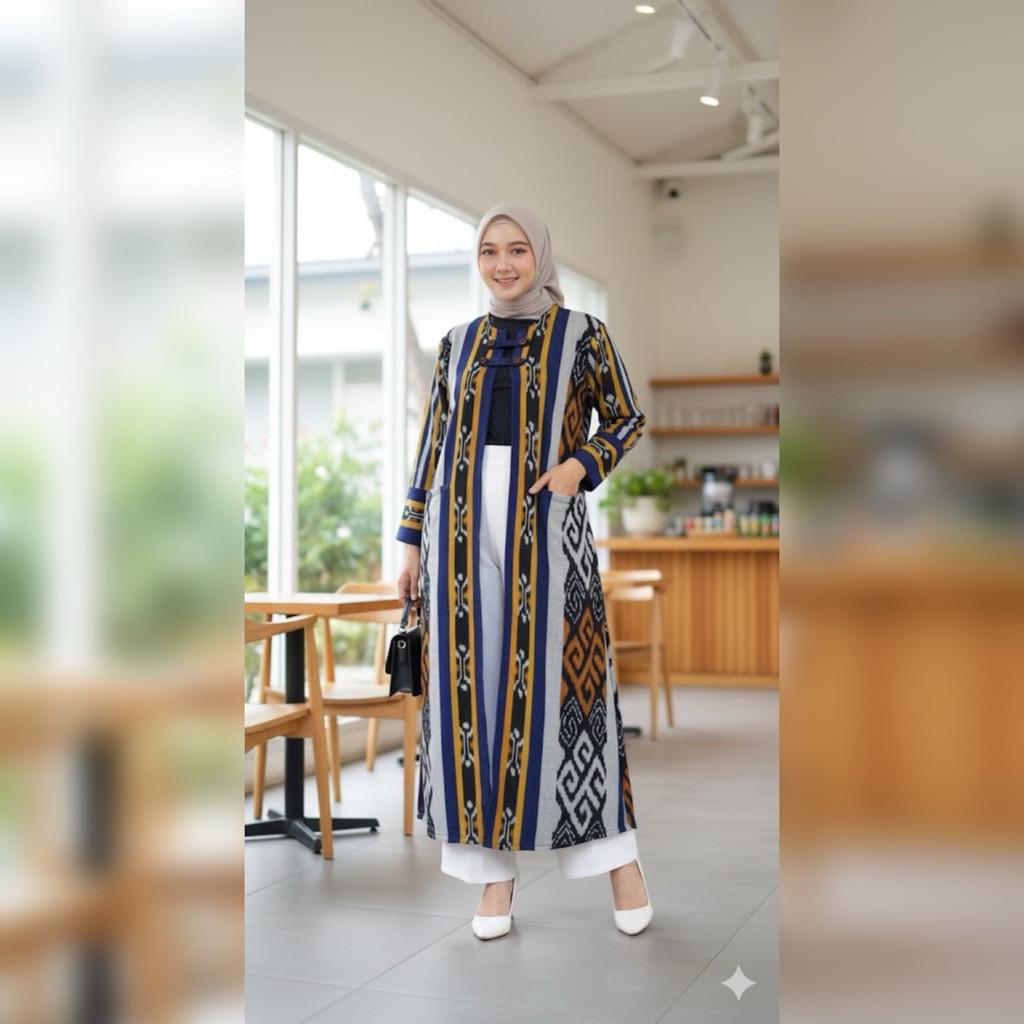Moms_Syafa Long Outer Wanita Bahan Tenun Troso Premium Long Cardi Tenun Long Outer Jumbo