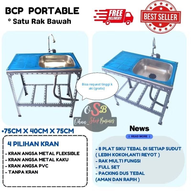 Wastafel Portable Bak Cuci Piring/Kitchen Sink Stainless Pake Rak Bawah Fullset Ukuran 75cm