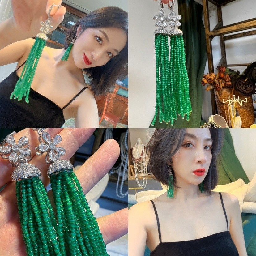 Anting-anting Rumbai Panjang Batu Mata Kucing Buatan Hijau Aksesori Manik Bulat Kecil Anting-anting 