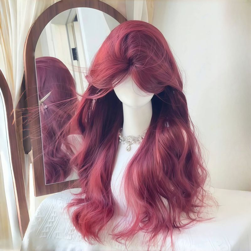 Rose Red Wig Female Long Hair Big Wave Long Curly Hair Full Head Cover