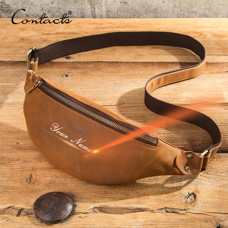 Contact's Crazy Horse Leather Waist Packs Hip bag Banana bag Large Capacity Fanny Pack for men Casua