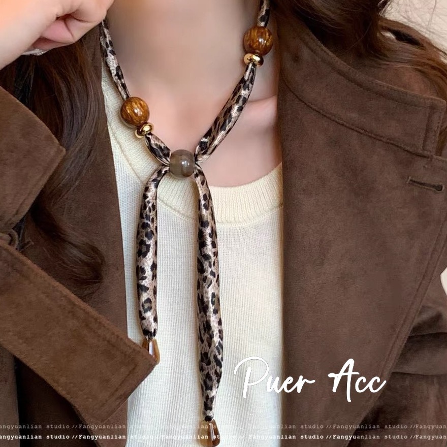 Puer acc Kalung Syal Sutra Panjang Perhiasan Rantai Jilbab Motif Macan Tutul Vintage J1237