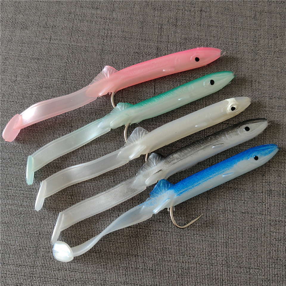 MUKUN 5PCS Eel Shad Fishing Lure 115mm/4g Soft Bait with Sharp Hook Set for Bass Fishing Rig Sinker 