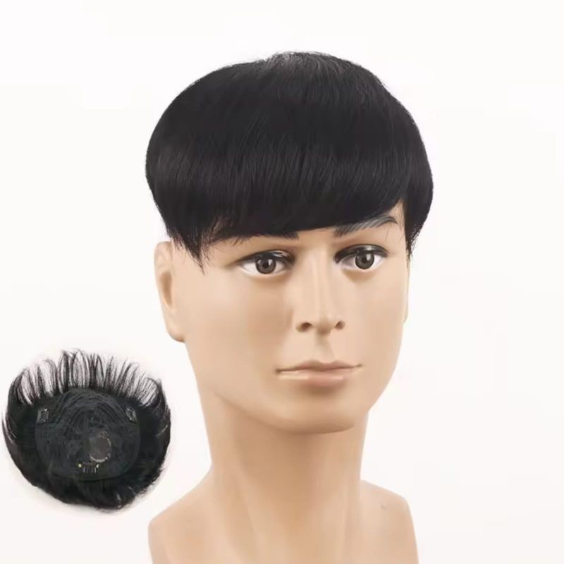 Tutup Botak Pria Rambut Palsu Dengan Penjepit Toupee Pria Rambut Pendek Warna Hitam