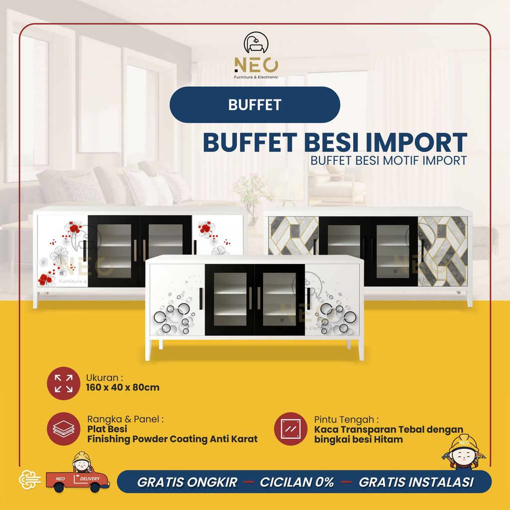 NEO - BUFFET BESI IMPORT KACA TRANSPARAN HITAM MEJA TV BESI MEJA PRASAMANAN BESI IMPORT 160X40X80 CM