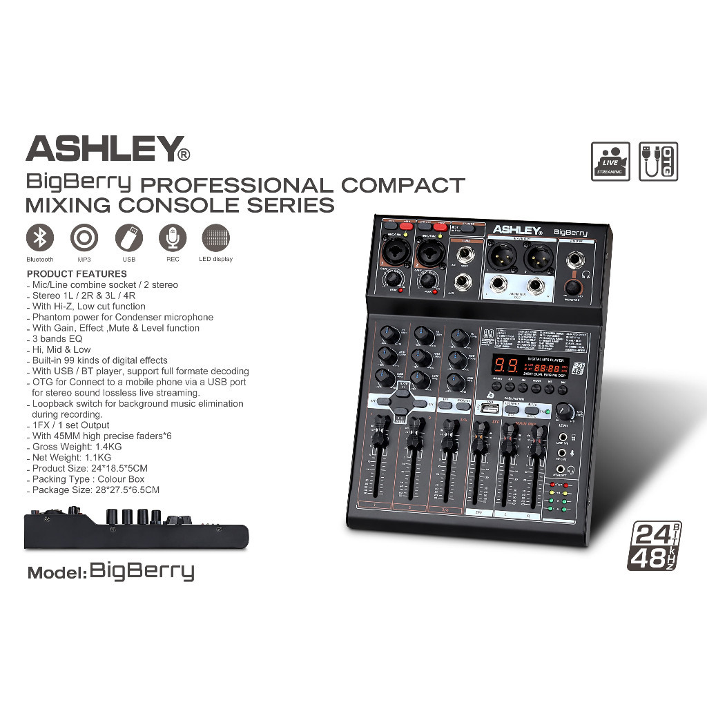 MIXER 4 CHANNEL NEW BIG BERRY ASHLEY 2 STEREO ORIGINAL ASHLEY