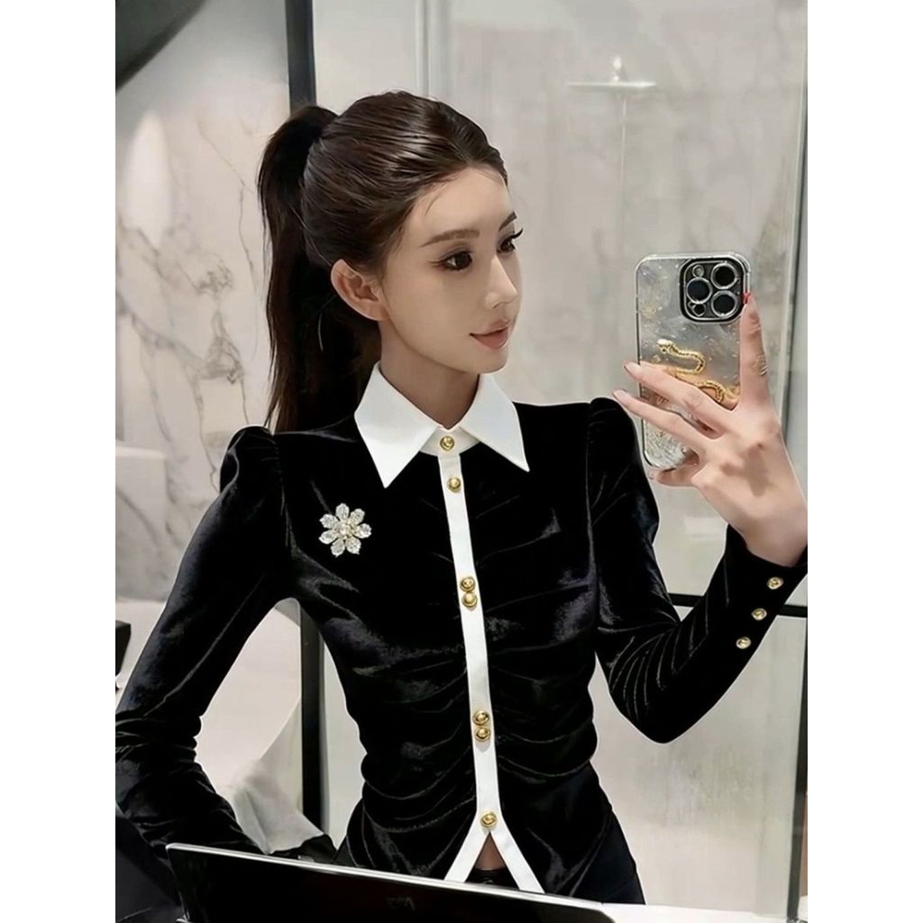 Temperament hitam jahitan sutra kemeja polo kerah wanita kemeja polo kerah wanita kemeja polo kerah 