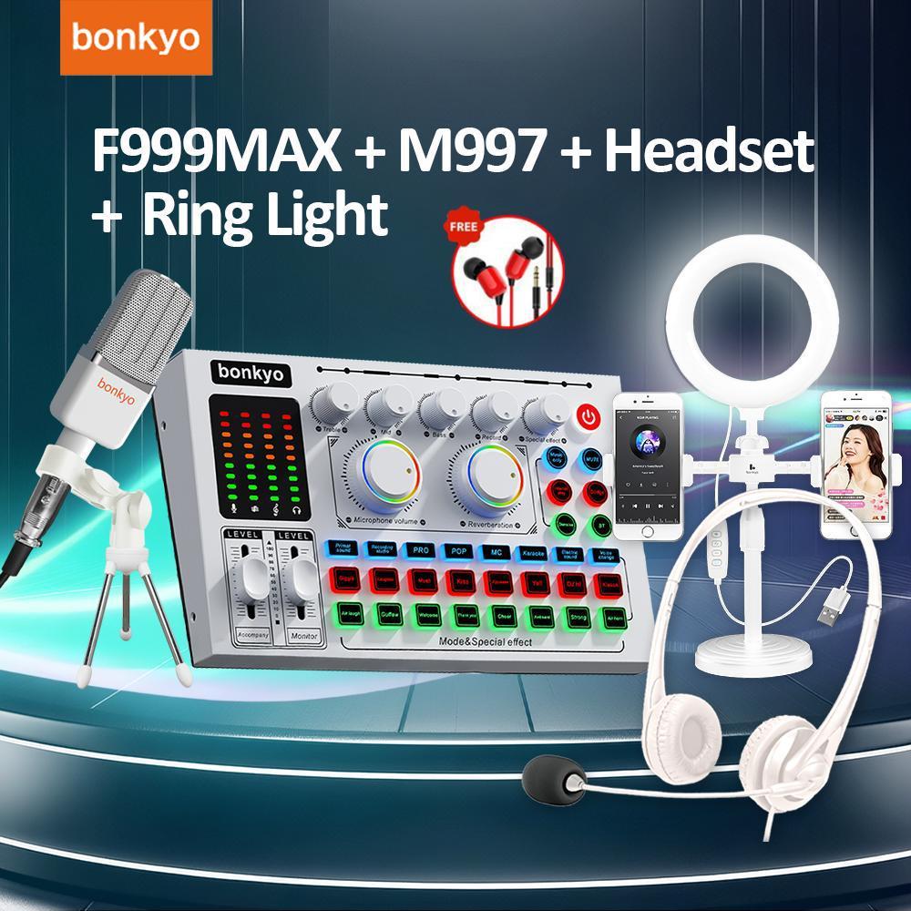 Bonkyo Paket Peralatan Streaming Lengkap: Sound Card F999MAX + Mikrofon M997 + Headset SY449 + Lampu