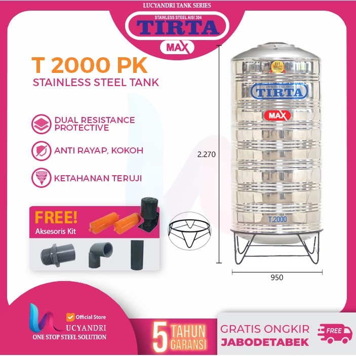 Tangki Air Tirta 2000 Liter Pakai Kaki | Toren Air Stainless Steel 2000 Liter | Tangki Air 2000 Lite