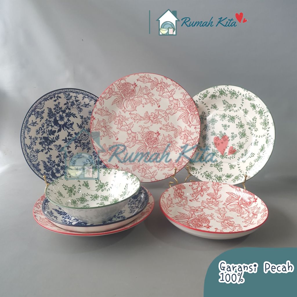SAKATO Piring Keramik Makan Motif Bunga Dinner Piring Keramik Bunga Cantik Aesthetic Bermotif