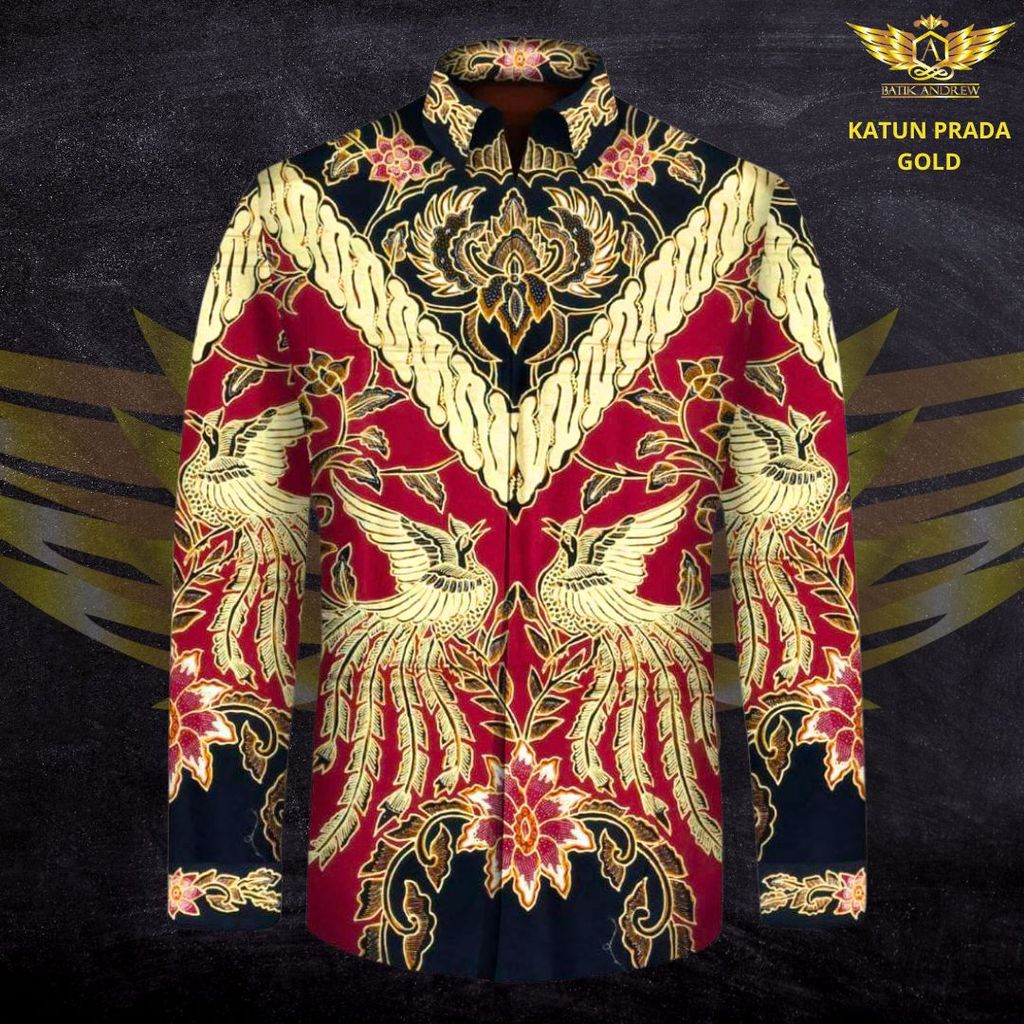 KATUN TULIS POLA PRADA TINTA EMAS MOTIF 16 BAHAN KAIN BATIK TULIS BURUNG KLASIK HITAM MERAH