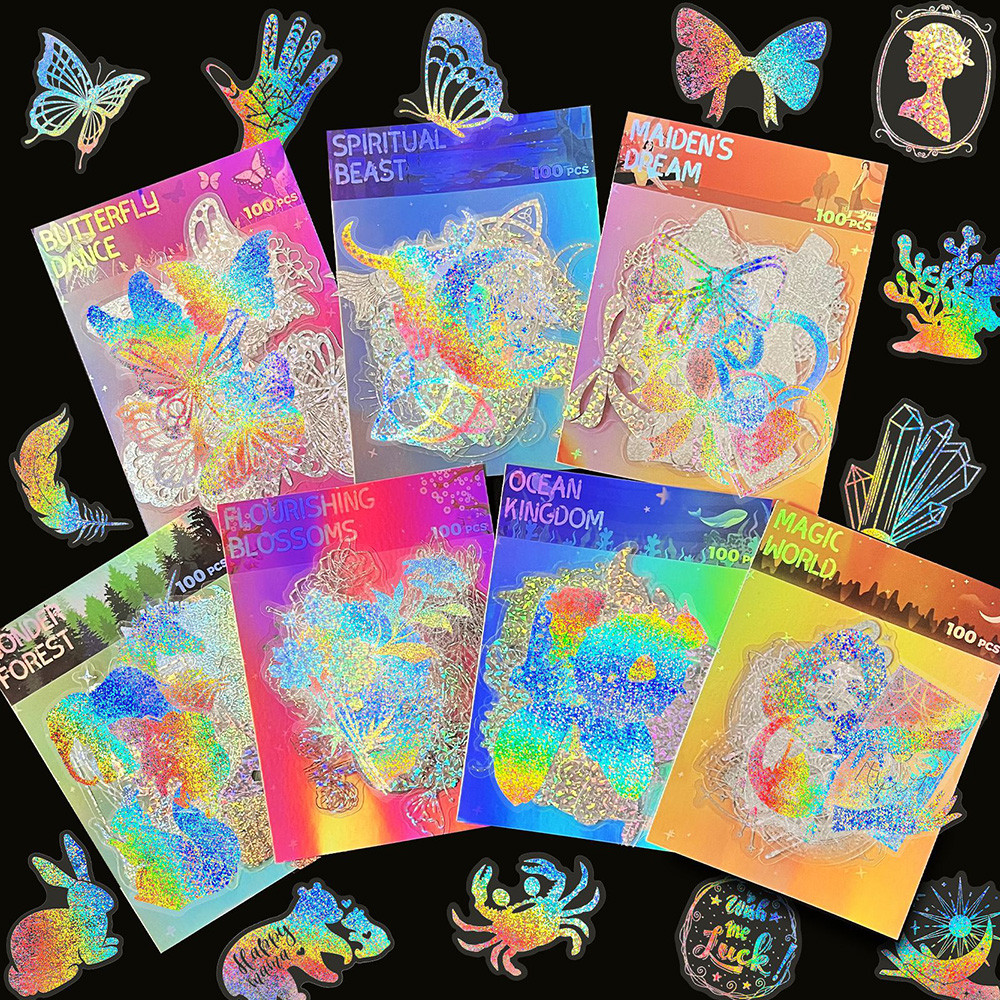 100pcs Cute Cartoon Anime Laser Holographic Stickers Aesthetic Butterfly Decal Scrapbook Laptop Phon