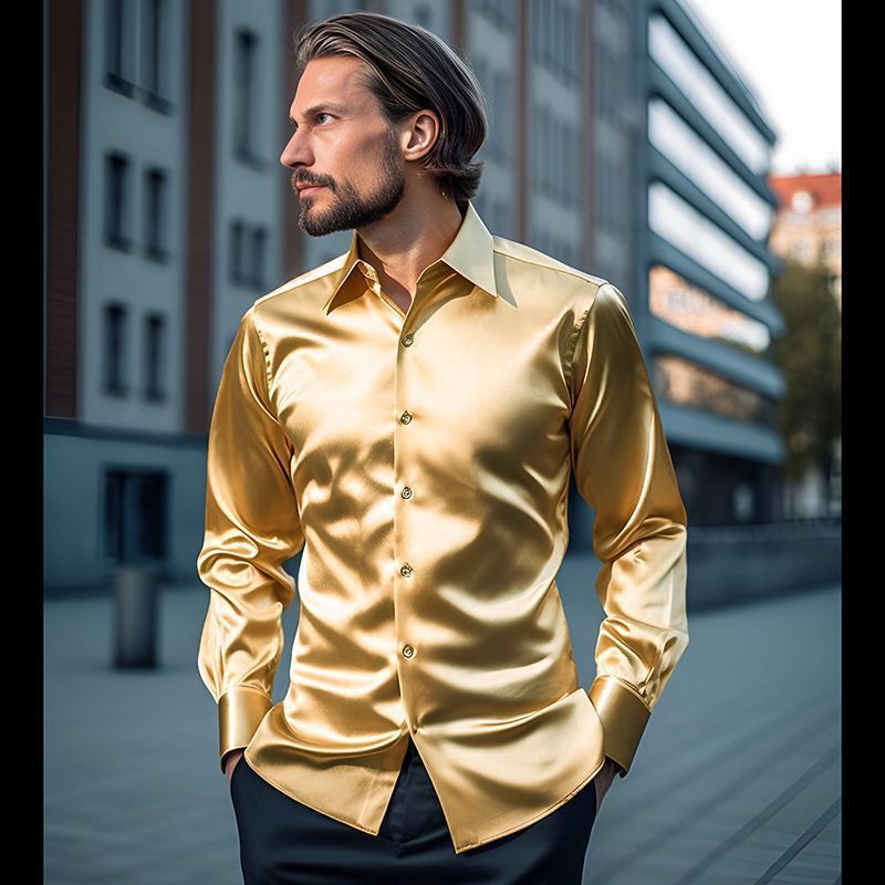Men's satin nightclub style solid color shiny long-sleeve shirt