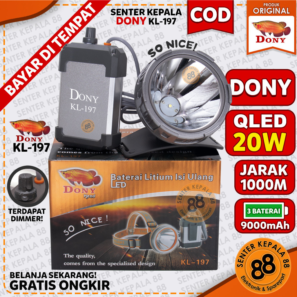 Senter Kepala DONY KL 197 DIMMER TOMBOL PUTAR 20WATT 20W LED SUPER TERANG CAS ULANG Lampu Kepala