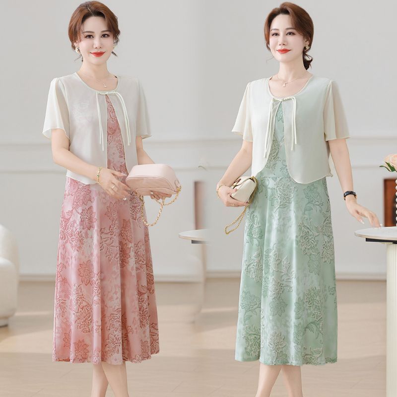 Musim panas ibu berpakaian palsu dua gaun tua lengan pendek rok Cina angin pakaian wanita