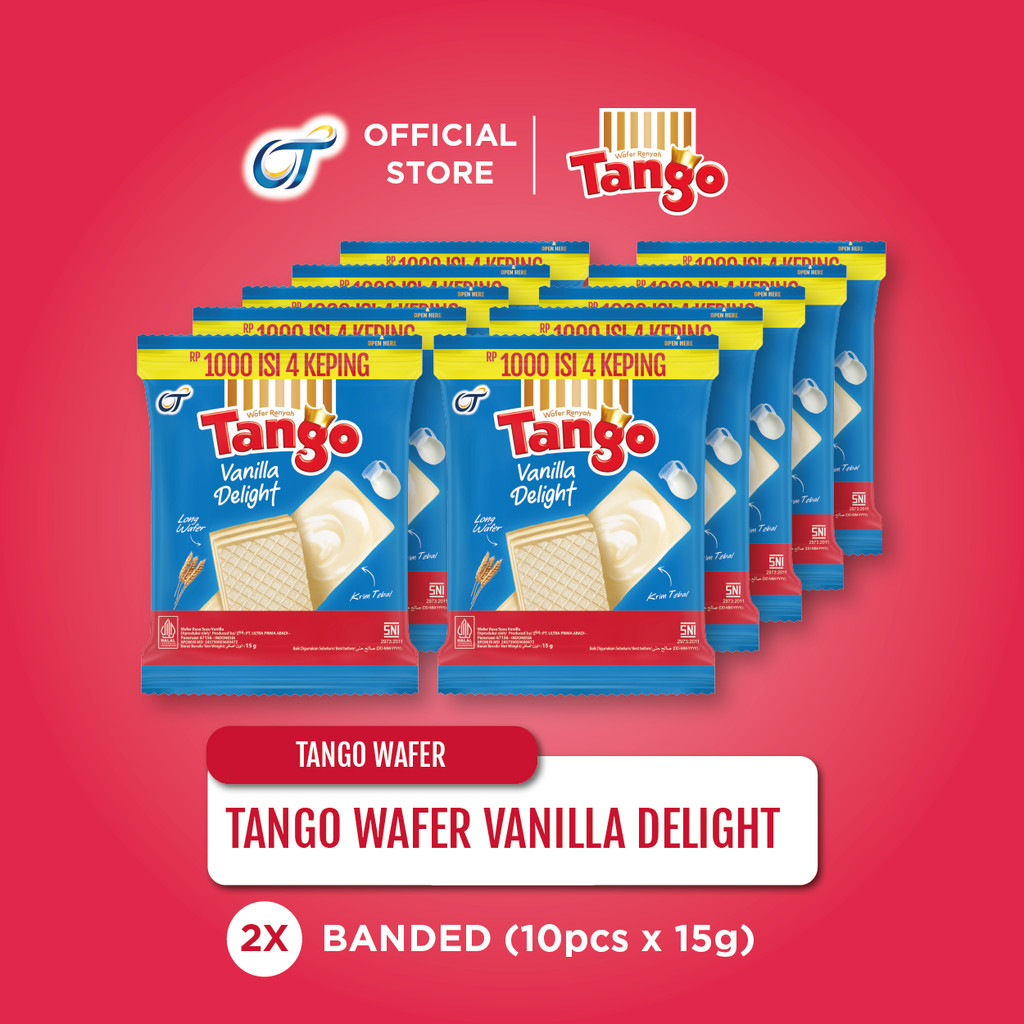 Tango Wafer Rasa Vanilla [2 Renceng x 15 Gram] - Camilan Vanila Viral Renyah & Creamy, Enak Banget, 